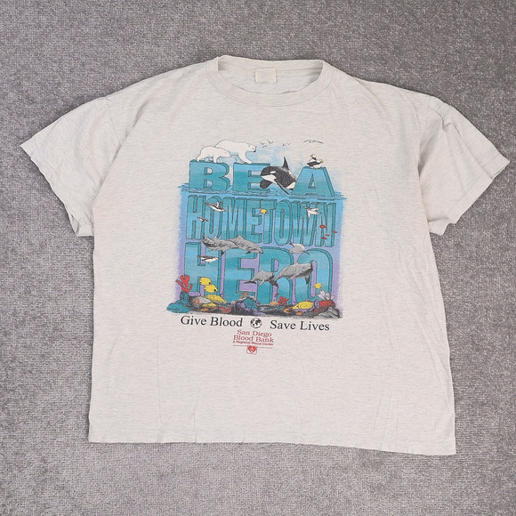 Vintage Other - VTG 90s Ocean Whales Orcas Give Blood XL Gray Short Sleeve T-Shirt